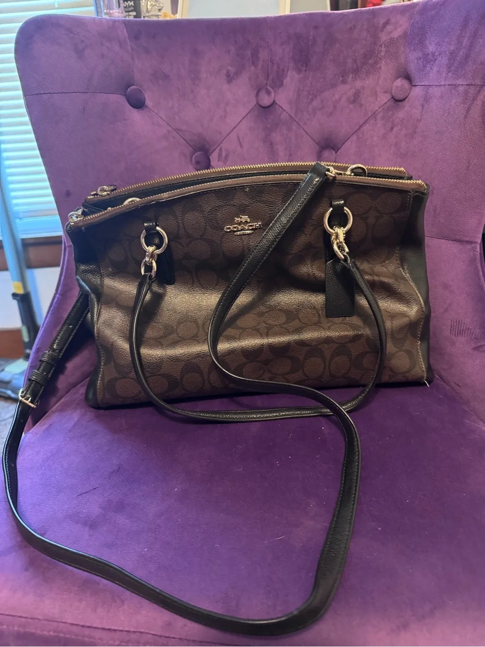 Coach Brown Signature Canvas Shoulder Bag with Gold Hardware